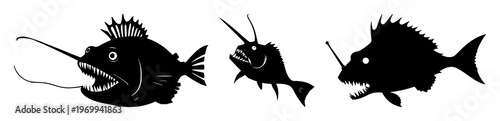 Anglerfish set with solid black silhouette featuring glowing lure, jagged teeth, deep sea with high contrast and white background