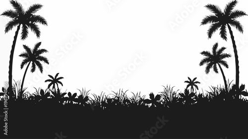 A black silhouette of palm trees and grass on a white background, a minimalist tropical design element