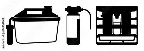 Water filter set with solid black silhouette design featuring portable, outdoor, survival with eco-tech and modern design