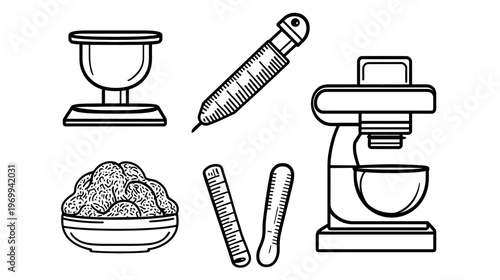 Linear illustration of baking tools including a scale, thermometer, mixer, dough and measuring sticks