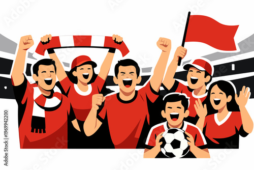 Group of enthusiastic soccer fans cheering in a stadium illustration