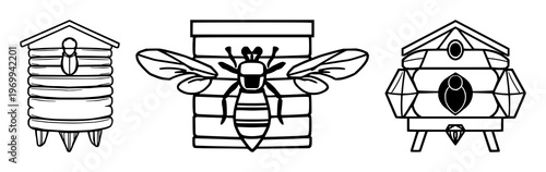 Smart beehive icon set with geometric lines and minimal shapes featuring high-tech, sustainable apiculture, modern design with iconography and white background