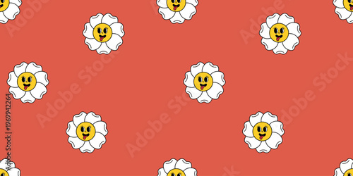 Seamless pattern featuring cute daisy flowers with smiling cartoon faces on a vibrant background.