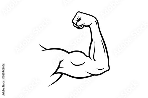 Illustration of a muscular arm flexing, showcasing strength and power with detailed bicep and forearm, black and white sketch on white background.