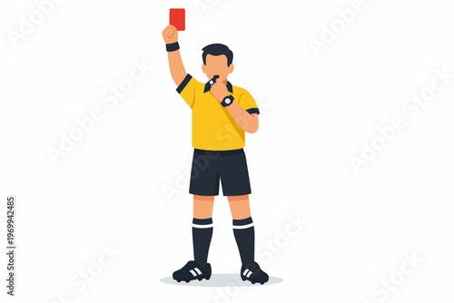 Referee Holding Red Card and Blowing Whistle Flat Vector Illustration