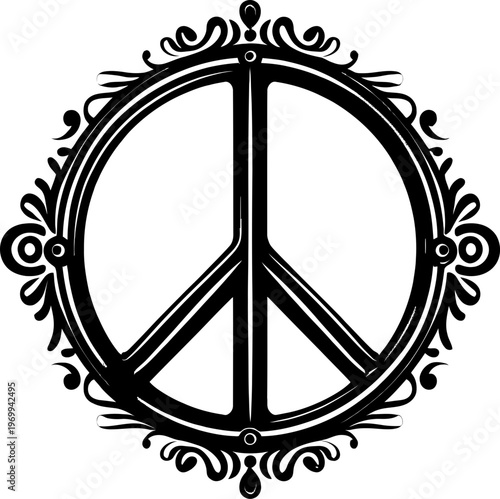 Ornate black peace symbol in decorative circular frame
