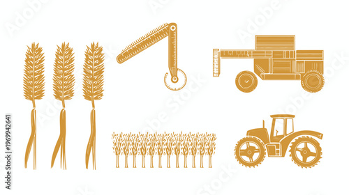 Silhouetted illustration of farming elements, including wheat, tools, and agricultural machinery