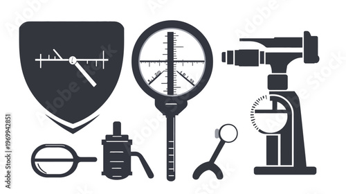 Collection of various scientific and measuring tools rendered in a minimalist black and white style