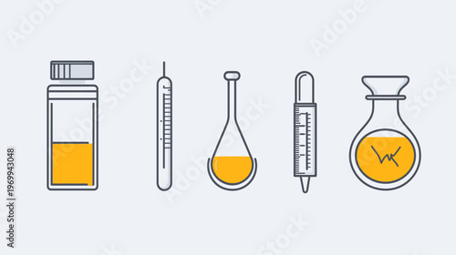 Stylized illustration of laboratory glassware, including a vial, thermometer, and flasks with vibrant orange liquids