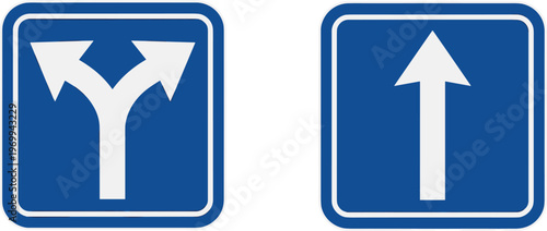 Road direction signs set, straight ahead and split arrows symbols for traffic navigation design