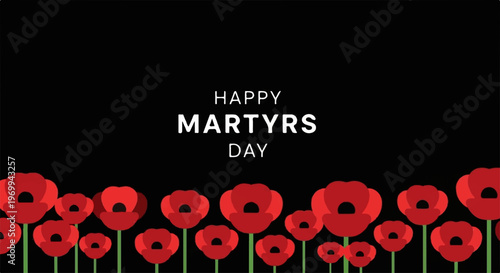 Row of red poppy flowers along the bottom on black background for memorial design