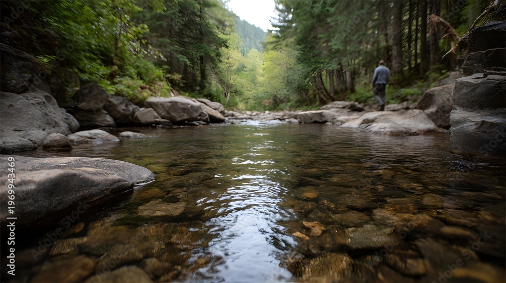 Obraz premium A lone person walks along a clear rocky stream in a lush green forest