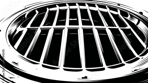A close-up, high-contrast perspective of an industrial metal grate and its circular frame