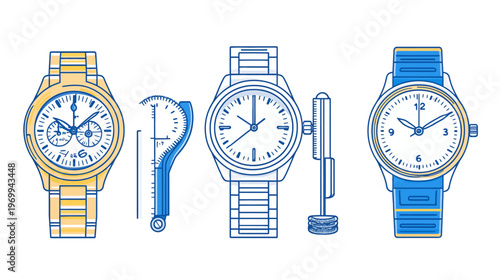 Stylized illustrations of diverse timepieces, including chronograph and classic designs