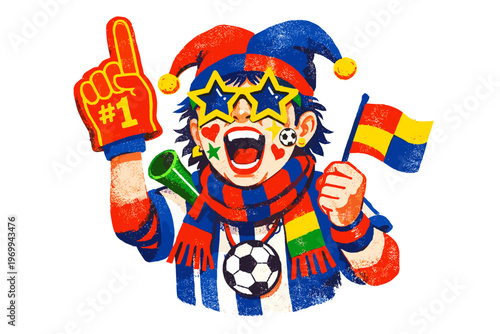 Enthusiastic soccer fan with star glasses cheering with foam finger