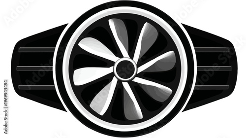 A stylized illustration featuring a black and white fan within a symmetrical design