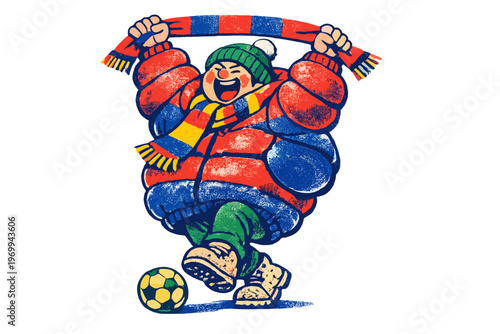 Happy soccer fan waving scarf with football