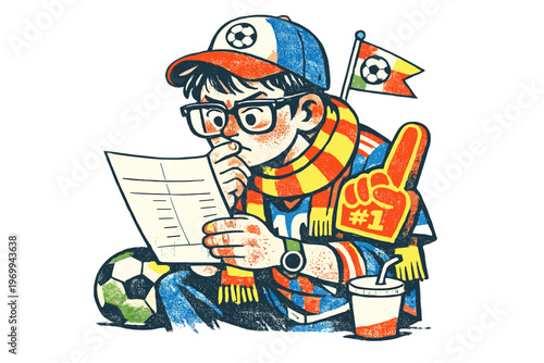 Focused soccer fan pores over match statistics with foam finger and drink