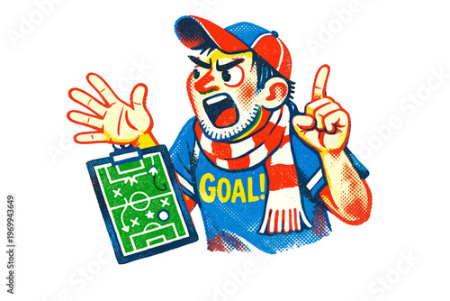 Animated soccer fan with tactic board and red-white scarf