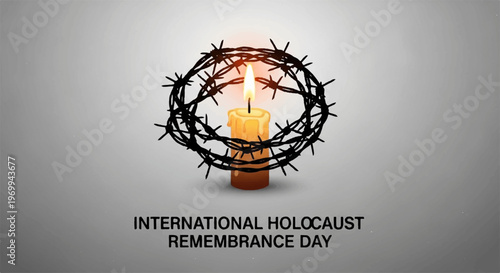 Glowing candle placed inside circular wreath of barbed wire on grey textured background for International Holocaust Remembrance Day commemorative design