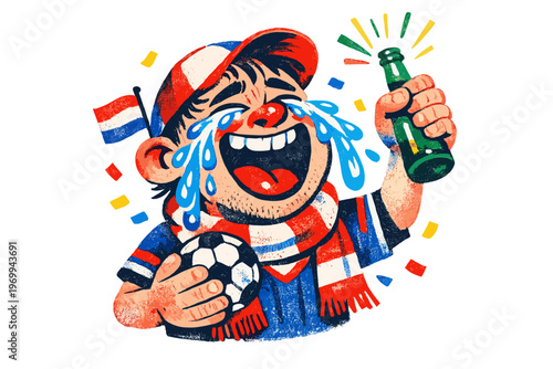 Joyful soccer fan with Dutch flag and beer celebrating victory