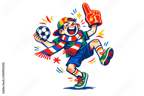 Joyful soccer fan celebrating with foam finger and ball