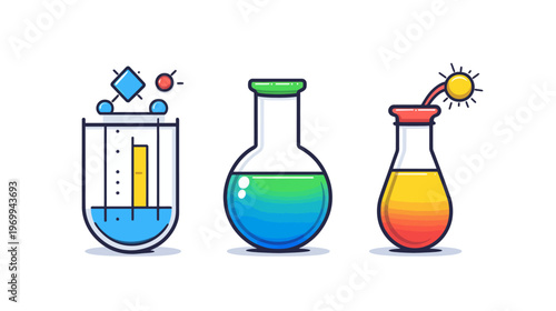 Colorful vector illustration of three laboratory flasks with various liquids and abstract elements
