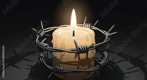 Single lit candle encircled by sharp barbed wire on dark abstract background for Holocaust remembrance day solemn memorial digital art composition