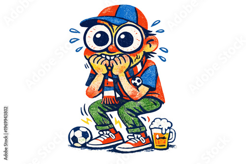 Nervous soccer fan biting nails, watching game with beer and ball