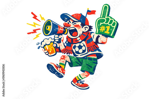 Energetic soccer fan with megaphone and beer cheering loudly