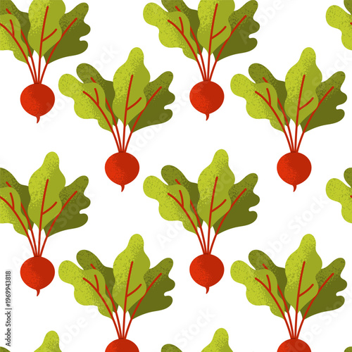 Seamless pattern of beetroot with green leaves. Sugar beet root. Healthy vegetable. Fresh organic food. Vector illustration in cartoon style on white background