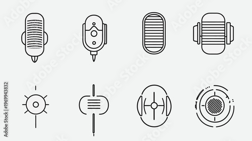 Collection of eight modern minimalist icons in a consistent black line style, on a pale grey backdrop