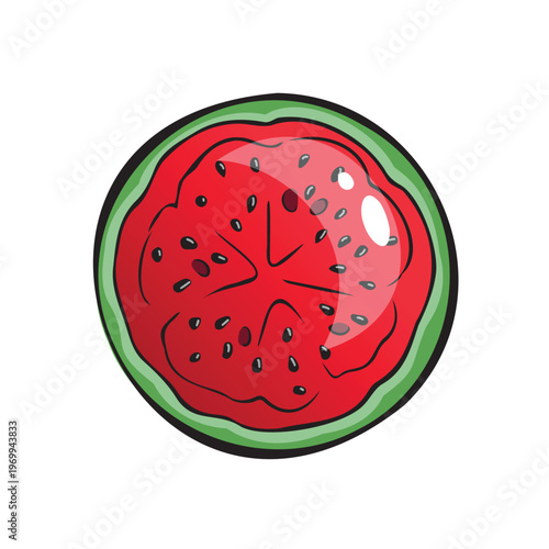 Watermelon slice showing bright red flesh and black seeds on a green rind, placed on a white background in a simple design