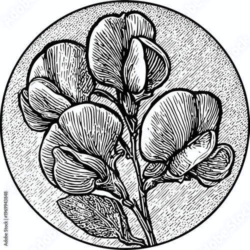 Vintage engraved illustration of a stylized flower arrangement set within a circular frame