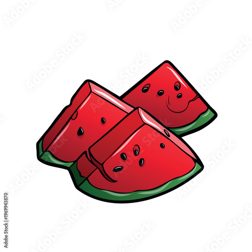 Slices of watermelon on a white background showing red flesh and black seeds in a simple arrangement for summer snacks