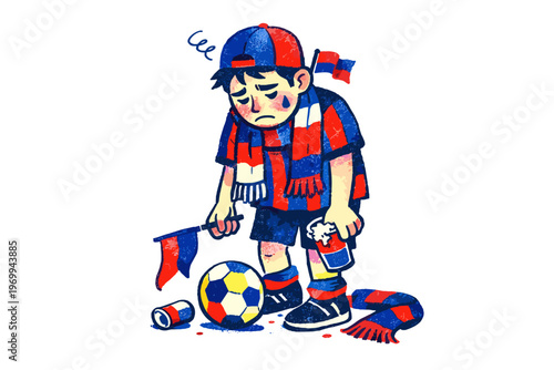 Sad soccer fan with slumped shoulders after loss, holding flag and drink