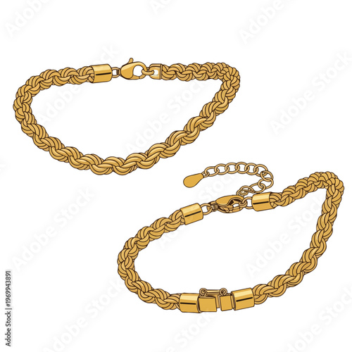 Set of Two Elegant Gold Rope Chain Bracelets Isolated on White Background