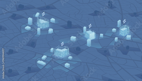 Isometric map of city districts highlighting active power plants and areas without electricity. Smart grid infrastructure