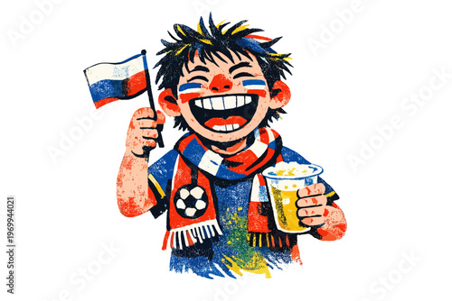 Excited soccer fan with flag and beer, painted face, fun celebration