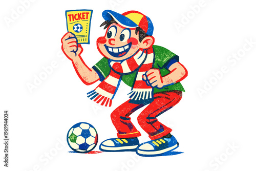 Happy soccer fan with ticket and ball, vintage illustration style