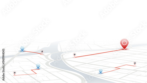 Perspective city map with large red location pin and navigation routes.