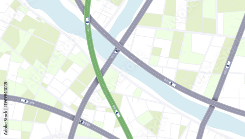 Top down city map showing intersecting highways and green highlighted route.