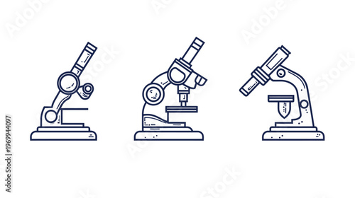 Three line art illustrations of microscopes in varying styles, simple science tools