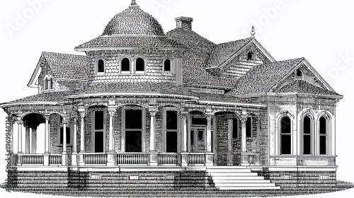 Black and white detailed illustration of a large Victorian-style house, with porch, roof, and windows