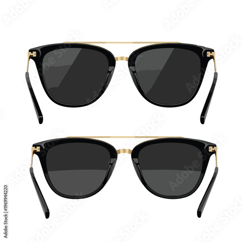Modern Stylish Black Sunglasses with Gold Accents Isolated on White Background