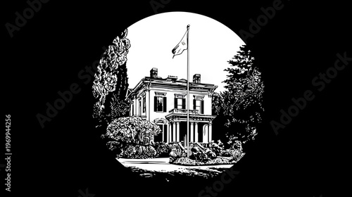 An oval-framed house with a flag, surrounded by trees, rendered in stark black and white