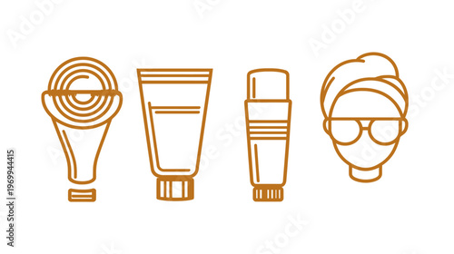 Stylized line art illustration of beauty and skincare items along with a person's face