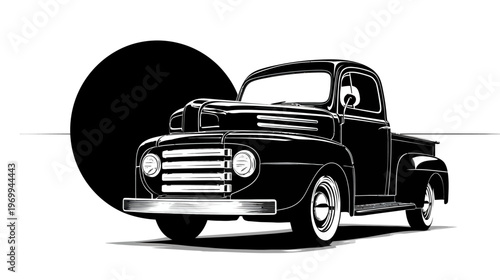 Black and white illustration of an old pickup truck with a large black circle behind