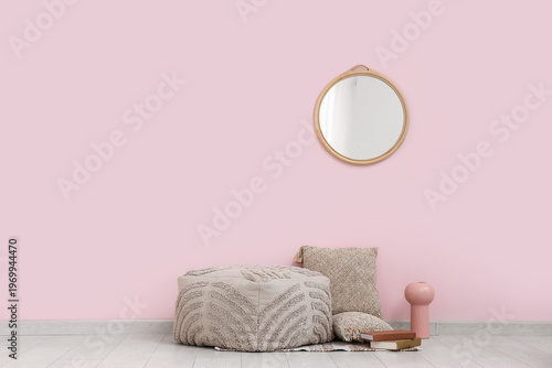 Pouf, cushions on floor and...