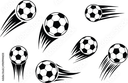 Soccer ball motion trail vector set, dynamic football speed illustration for sports design element